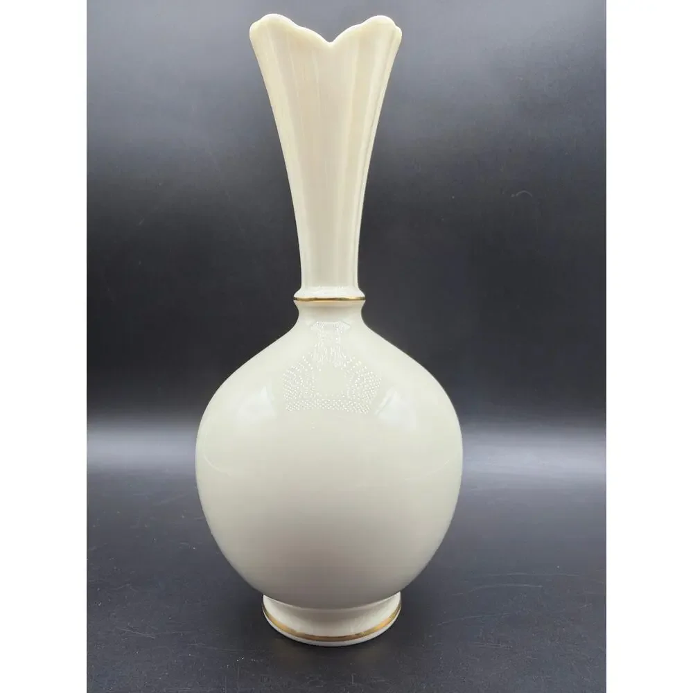 Vintage Lenox Cream Fine China Bud Vase 8” Gold Trim Made in USA Fluted Neck